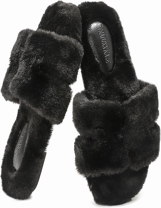 Womens Fur Slippers Comfy House Slides Sandals Open Toe Memory Foam Indoor Fluffy Slippers for Wo... | Amazon (US)