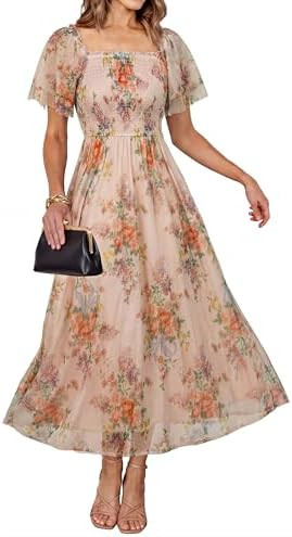 Simplee Womens Floral Maxi Dresses 2026 Spring Square Neck Mesh Short Sleeve Smocked Boho Flowy W... | Amazon (US)