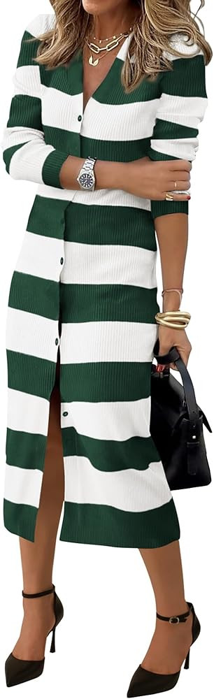 PRETTYGARDEN Women's Spring Sweater Dresses 2026 Long Sleeve V Neck Button Ribbed Knit Stripes Bo... | Amazon (US)