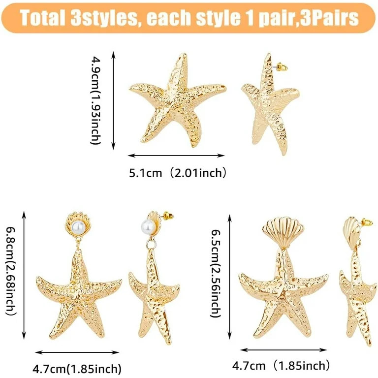 3 Styles Starfish Stud Earrings Alloy Starfish Dangle Stud Earrings Golden Plastic Pearl Beaded S... | Walmart (US)