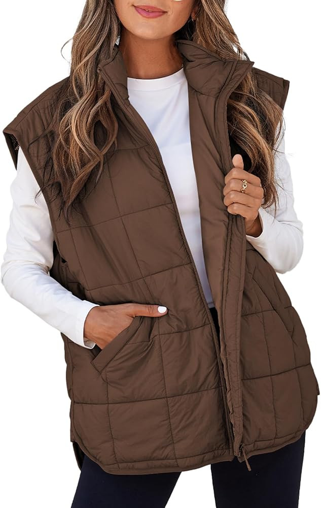EVALESS Women Puffer Vest Quilted Cap Sleeve Zip Up Vest Tops | Amazon (US)