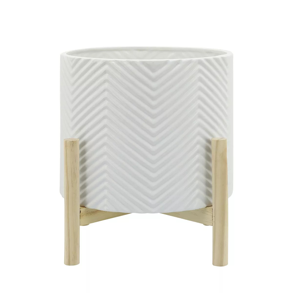 Sagebrook Home Neutral Textured Chevron Ceramic Planter With Contemporary Design Wooden Stand | Kohl's
