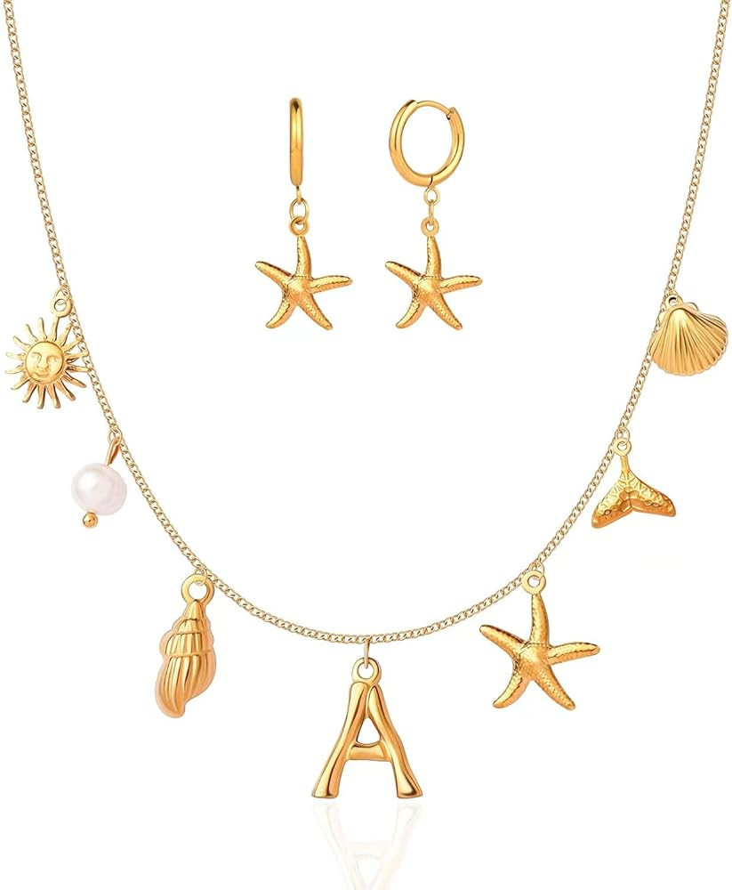 Shell Necklace and Starfish Hoop Earrings Set, Charm Necklace - Gold Necklace for Women, Initial ... | Amazon (US)