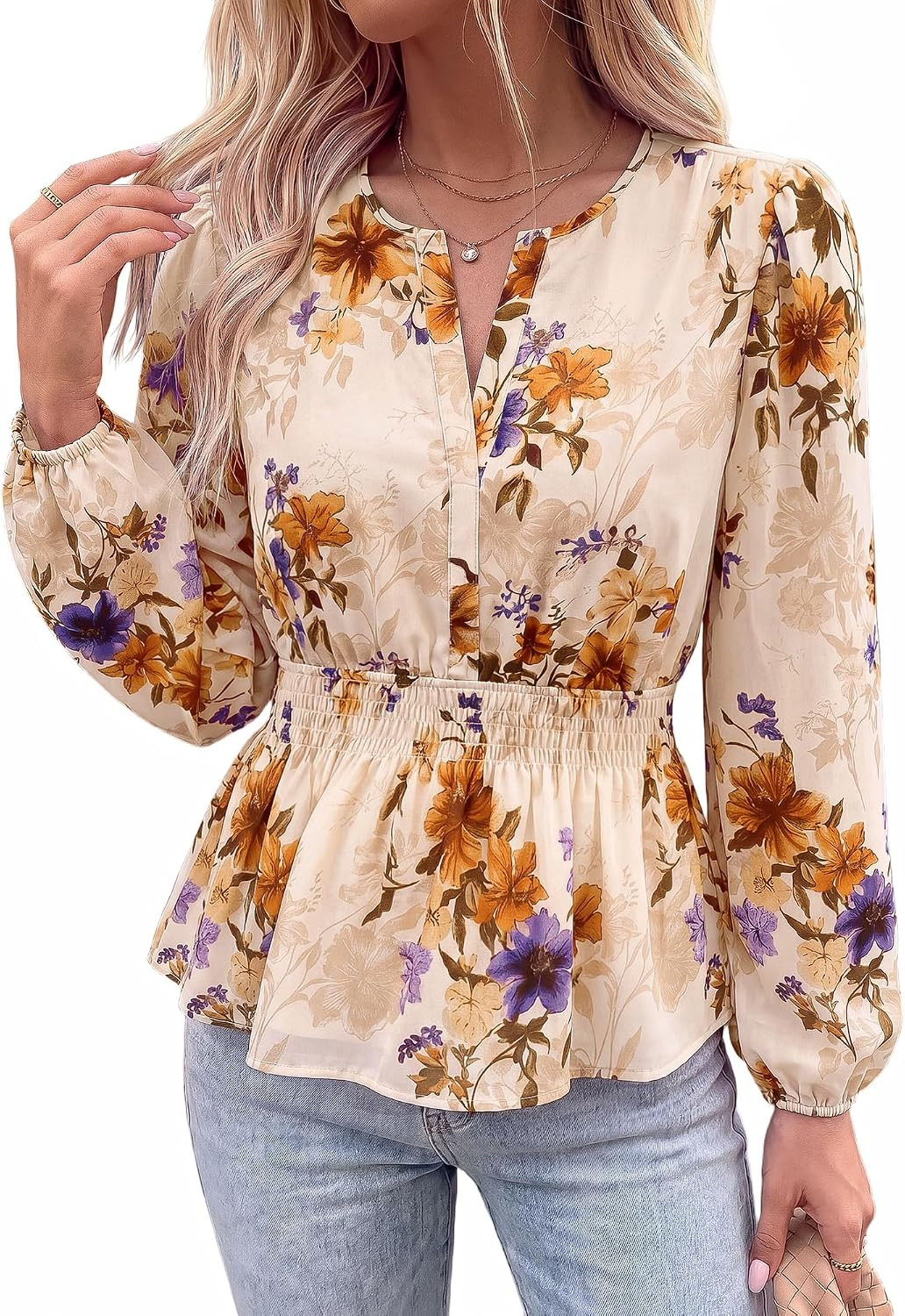 BTFBM Womens Tops Dressy Casual Floral V Neck Long Sleeve Chiffon Shirts | Amazon (US)