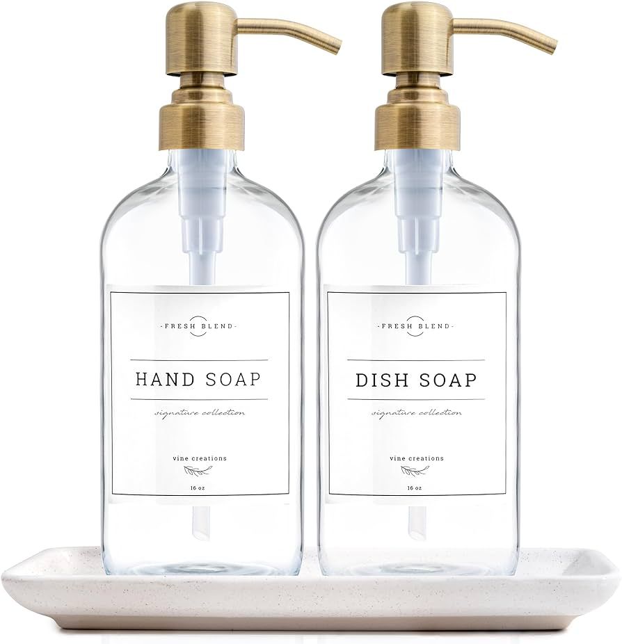 Vine Creations Glass Soap Dispenser, 2 Pack Kitchen Soap Dispenser Set with Ceramic Tray, Stainle... | Amazon (US)