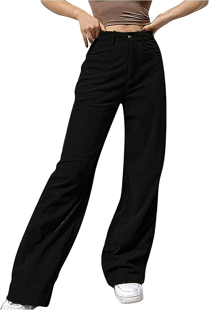 Himosyber Corduroy Pants for Women Wide Leg High Waist Loose Comfy Trousers with Pockets | Amazon (US)