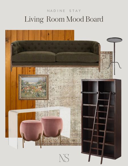 Sage green and blush living room mood board. Small living room design plan. Green sofa // wood bookcase and ladder // acrylic table // blush ottoman

#LTKhome