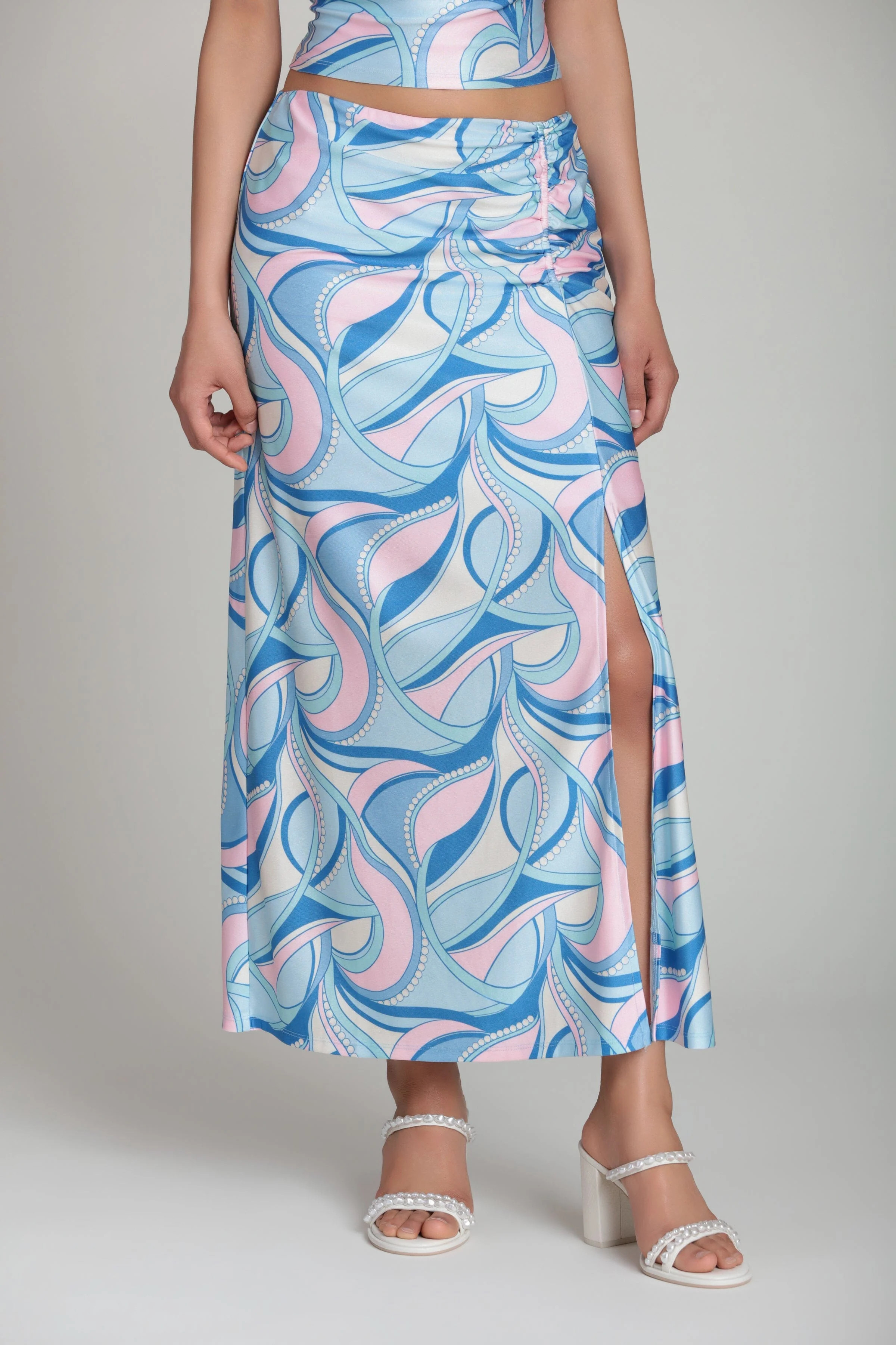 Satin Paisley Side Ruched Midi Skirt With Slit | Avec Les Filles