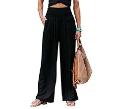 KOOBETON Women Casual Wide Leg Palazzo Lounge Pants Pockets Smocked High Waist Trousers | Amazon (US)