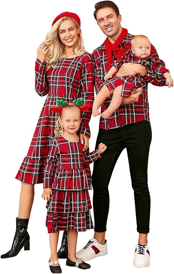 Mumetaz Family Matching Outfits Red Plaid Christmas Long Sleeve Backless Mommy and Me Dresses Men... | Amazon (US)