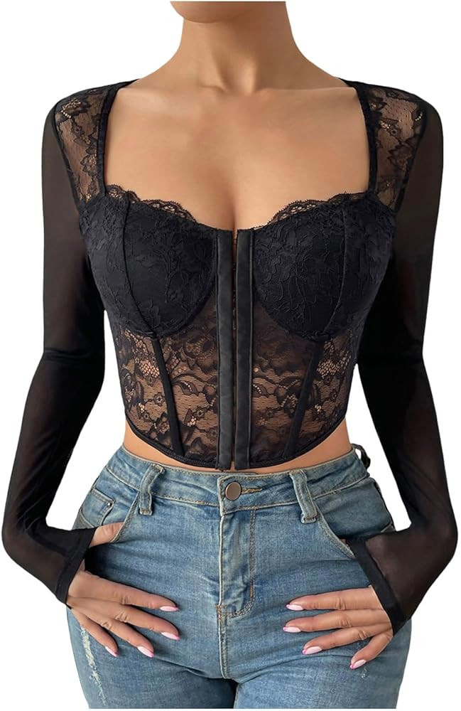 Boobtube Tops Women Long Sleeve Lace Mesh Crop Top Sexy Corset Slim Fit Square Neck Solid Color E... | Amazon (UK)