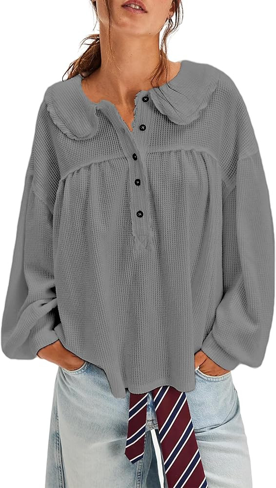 Women's Waffle Knit Tops Collared Solid Color Pullover Long Sleeve V Neck Solid Color Loose Tunic | Amazon (US)