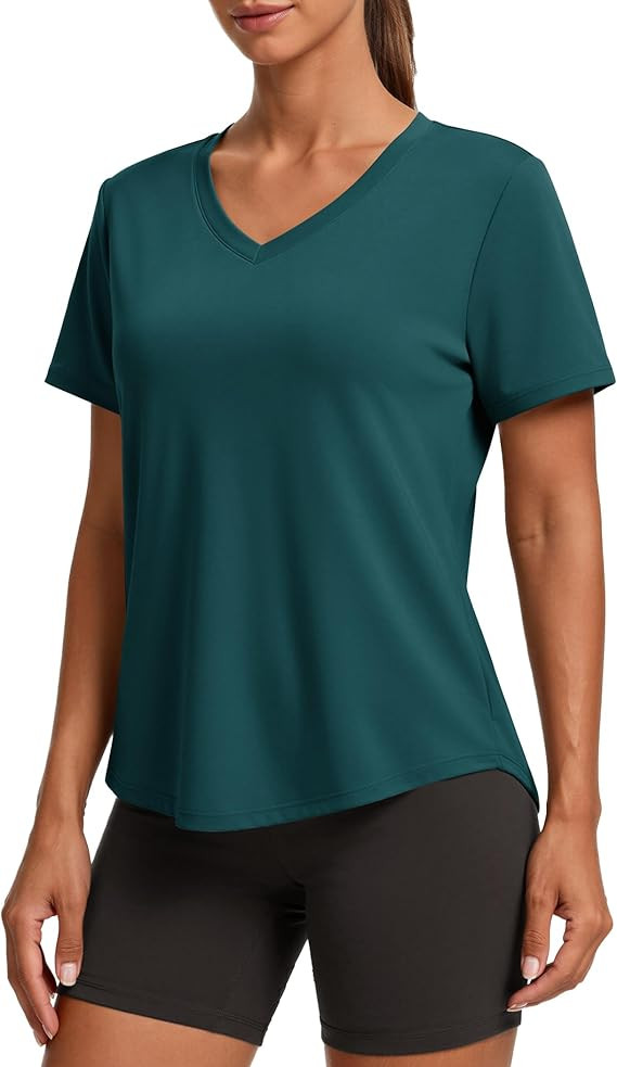 PINSPARK Soft Workout Tops for Women Short Sleeve V Neck Moisture Wicking UPF 50+ Sun Protection ... | Amazon (US)