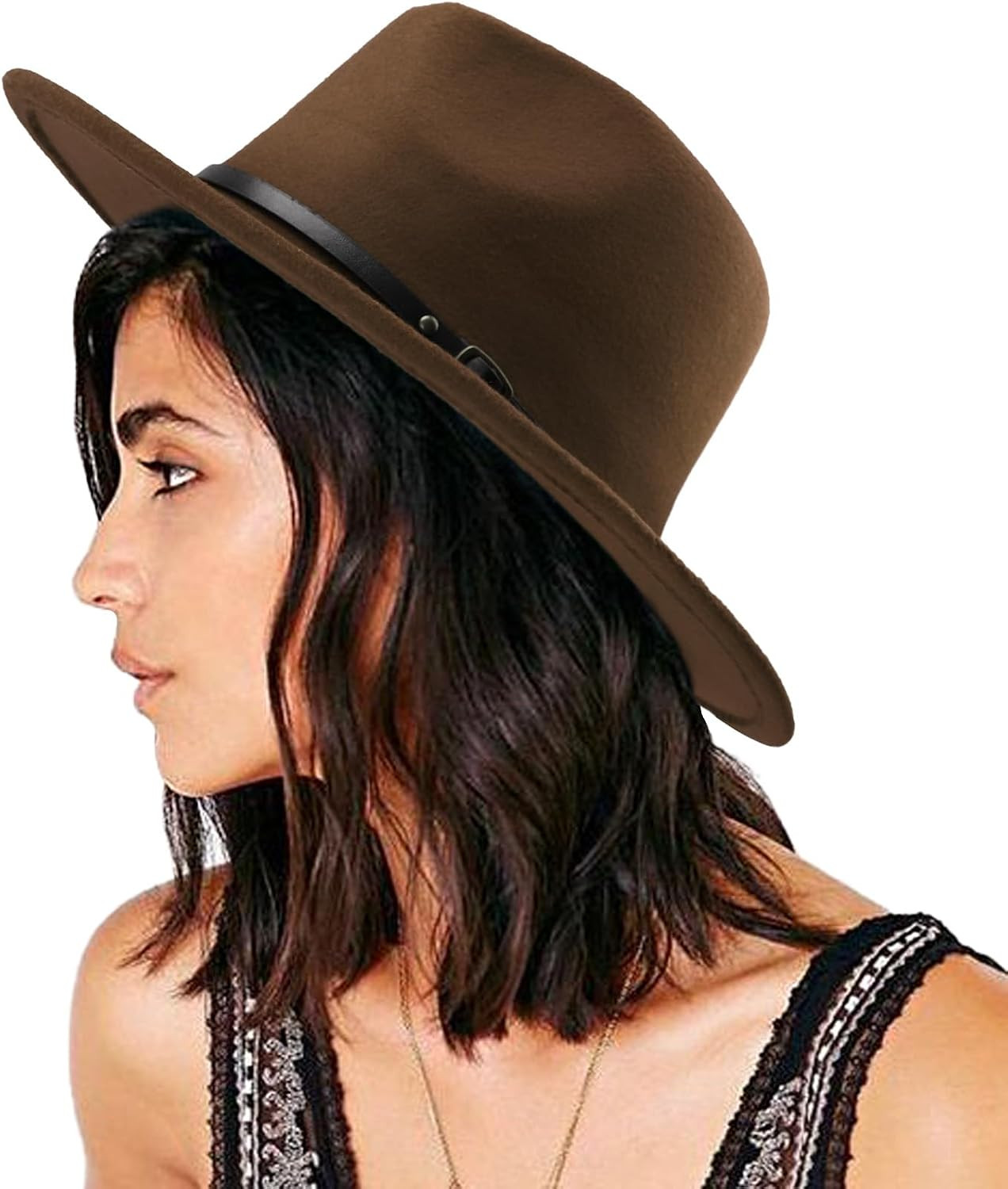 DRESHOW Women Classic Felt Fedora Wide Brim Floppy with Belt Buckle Panama Hat | Amazon (US)