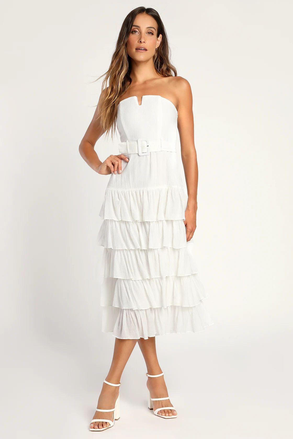 Catch a Cruise White Strapless Belted Tiered Midi Dress | Lulus (US)