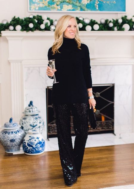 The most comfortable Holiday outfit ever!   These sequin pants paired with a soft turtleneck, silk blouse or pretty off the shoulder top will be a hit at every party.

holiday outfit inspiration
christmas party outfit 
sequin pants
black cashmere turtleneck 


#LTKstyletip #LTKover40 #LTKHoliday