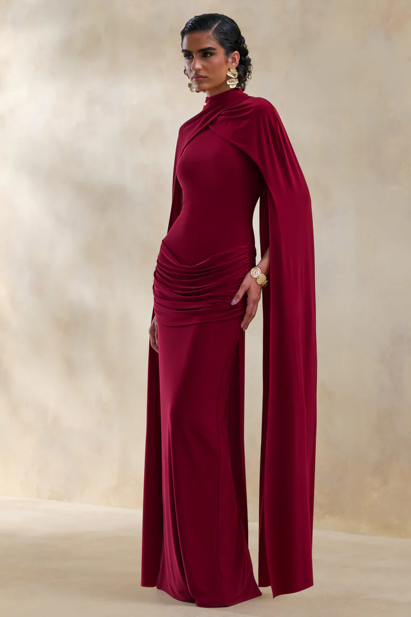 Dianelle  Berry High-Neck Maxi Dress With Cape-Sleeves | Club L London