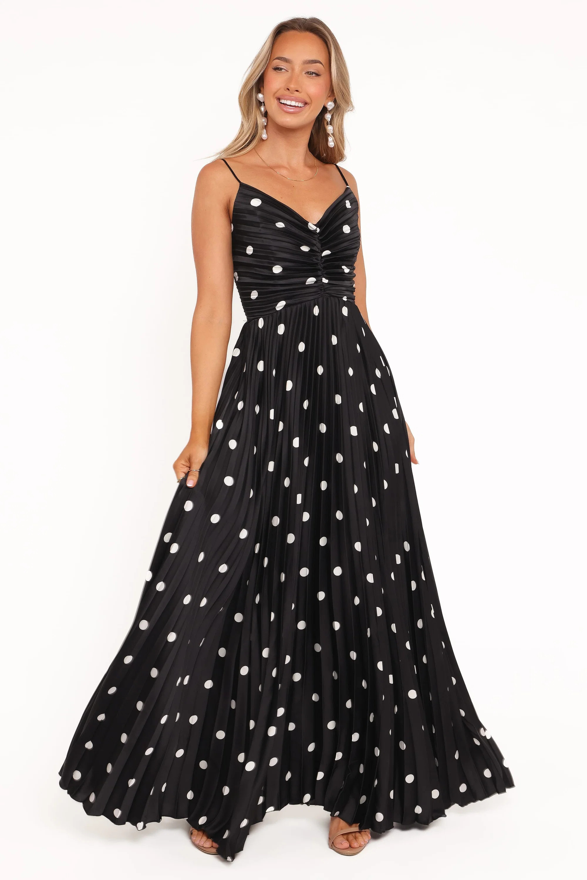 Naira Pleated Maxi Dress - Black Polka Dot | Petal & Pup (AU)