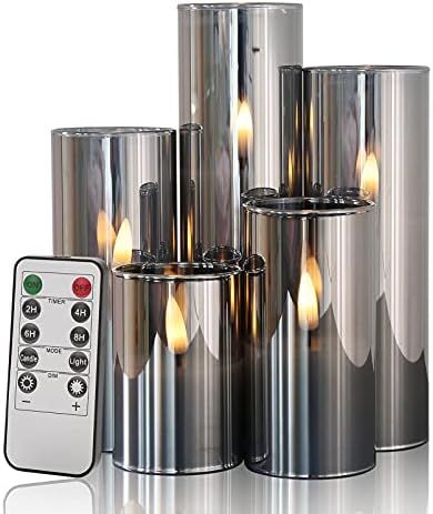 Eywamage 5 Pack Slim Grey Glass Flameless Pillar Candles Batteries Included, Flickering LED Candl... | Amazon (US)
