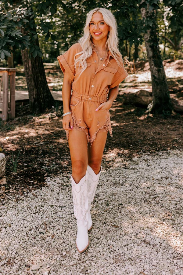 The Juni Distressed Denim Romper In Camel | Impressions Online Boutique