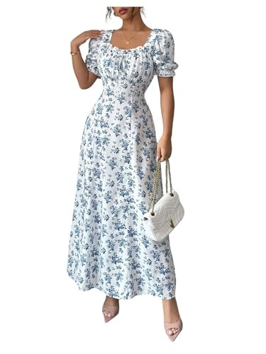 Floerns Women's Floral Short Puff Sleeve Milkmaid Dress Boho A Line Long Dresses | Amazon (US)