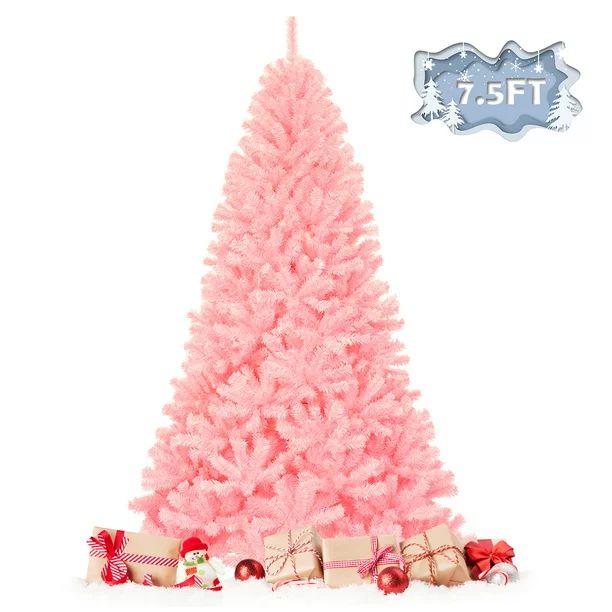Giantex 7.5Ft Artificial Christmas Tree Hinged Spruce Full Tree with Metal Stand Pink | Walmart (US)