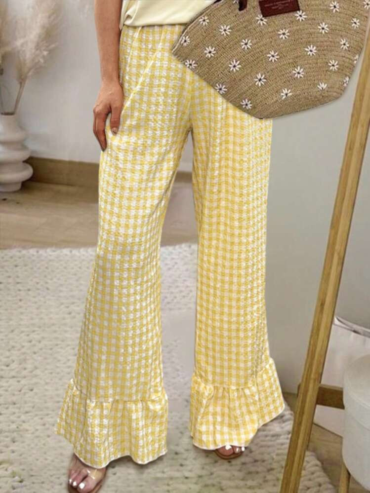 INAWLY Women's Plaid Print Ruffled Hem Casual Versatile Long Pants Fall Cloth For Women | SHEIN