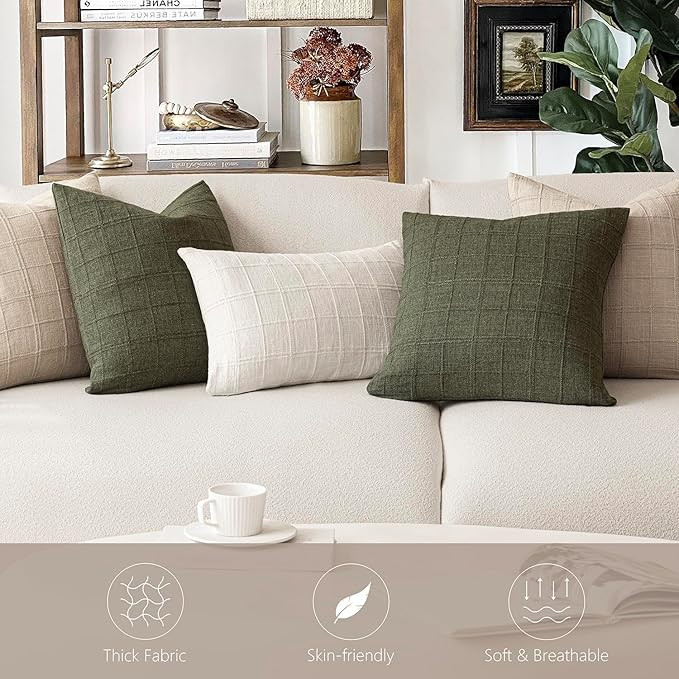 Foindtower Set of 2 Decorative Linen Check Throw Pillow Covers Neutral Farmhouse Vintage Cushion ... | Amazon (US)