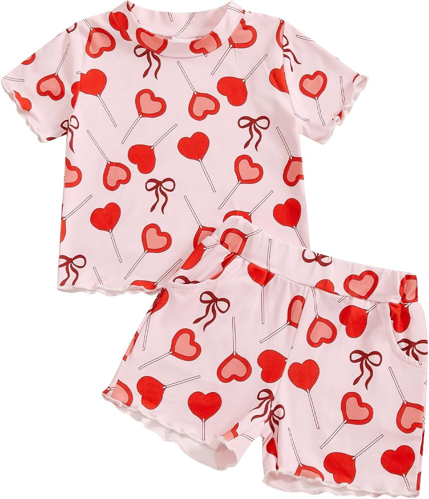 Rtnnsbbfcm Valentines Baby Girl Outfit Heart Candy Short Sleeve Shirt with Shorts Sets Toddler Va... | Amazon (US)