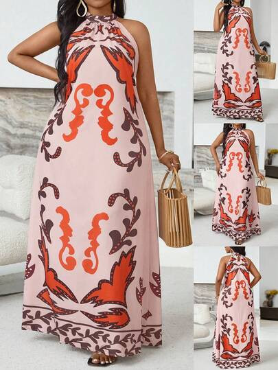 GlowEve CURVE Plus Size Women Floral Print Halter Neck Elegant Party Dress Maxi Sundress Long Dre... | SHEIN
