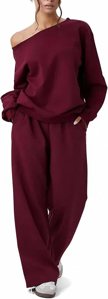 Sweatsuits Women 2 piece Outfit Matching Sweat Sets Off The Shoulder Lounge Top Wide Leg Jogger S... | Amazon (US)