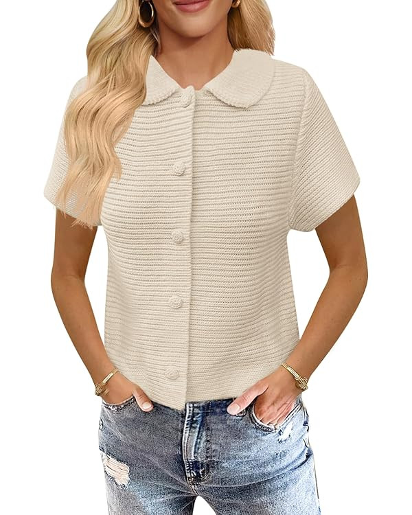 Saodimallsu Womens Short Sleeve Cropped Cardigans Casual Summer Button Down Collared Lightweight ... | Amazon (US)