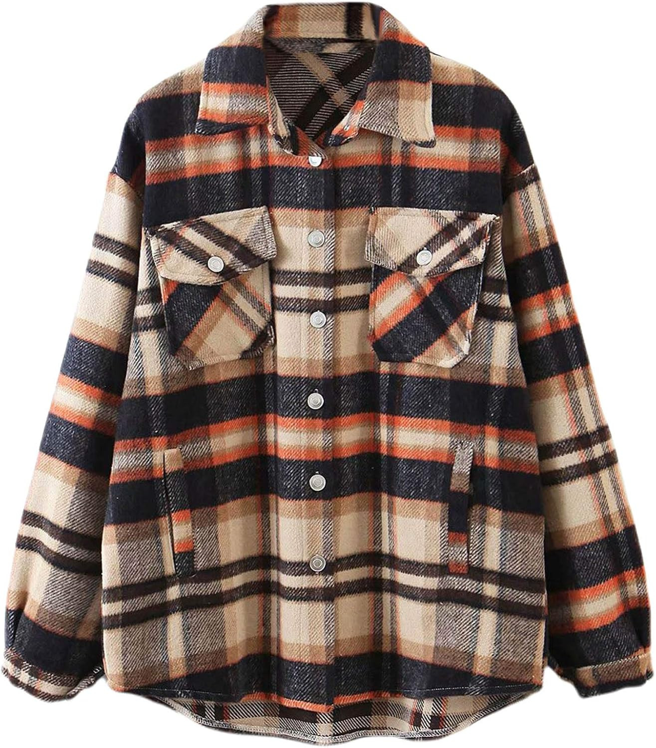 Women Plaid Long Sleeve Shirt Jacket Casual Wool Blend Button Down Shacket Shirts Coat | Amazon (US)