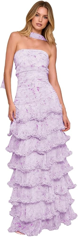 Strapless Prom Dress for Women 2026 Floral Tiered Chiffon Formal Evening Gown with Scarf | Amazon (US)