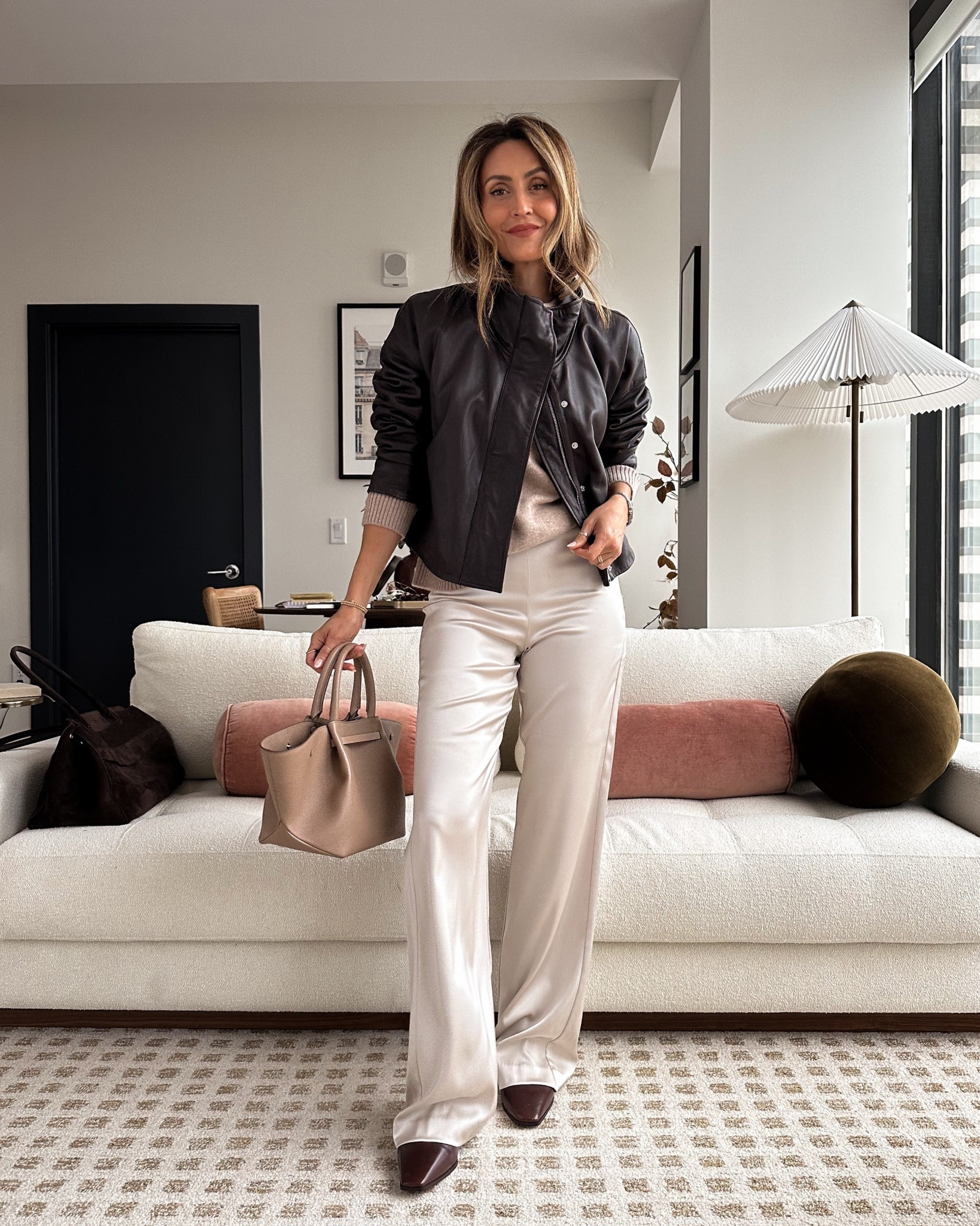 Love myself a textured outfit! Satin pants, cashmere sweater and leather jacket combo - size 6 on jacket, small on sweater and pants (under $70) 

#LTKFindsUnder100 #LTKShoeCrush #LTKStyleTip