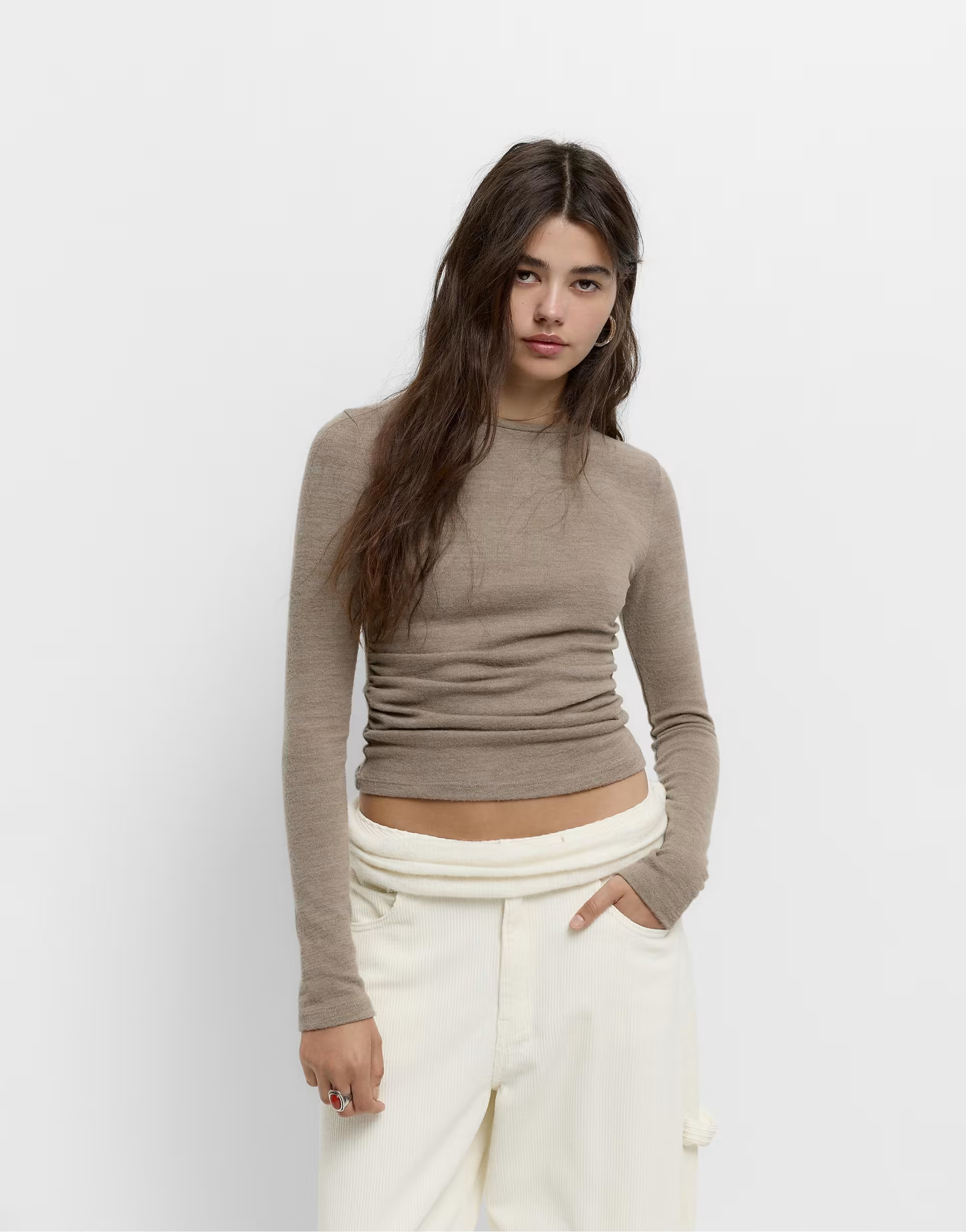 Pull&Bear Soft touch t-shirt with gathered detail in brown | ASOS (Global)