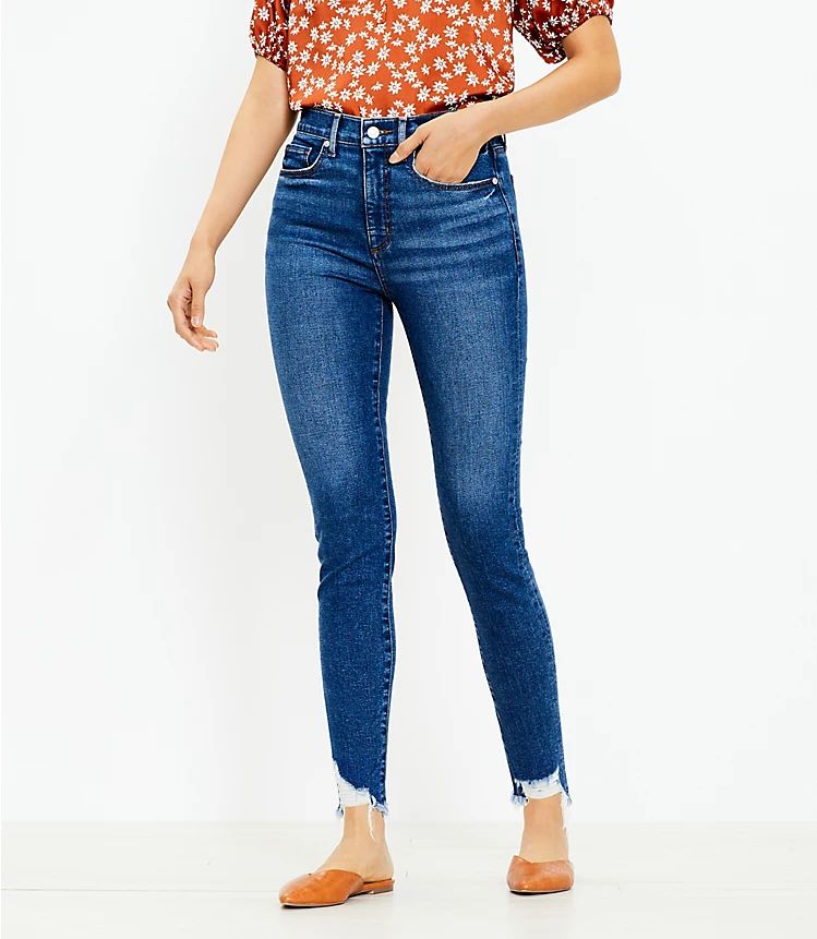 Petite Chewed Hem High Rise Skinny Jeans in Original Mid Indigo Wash | LOFT