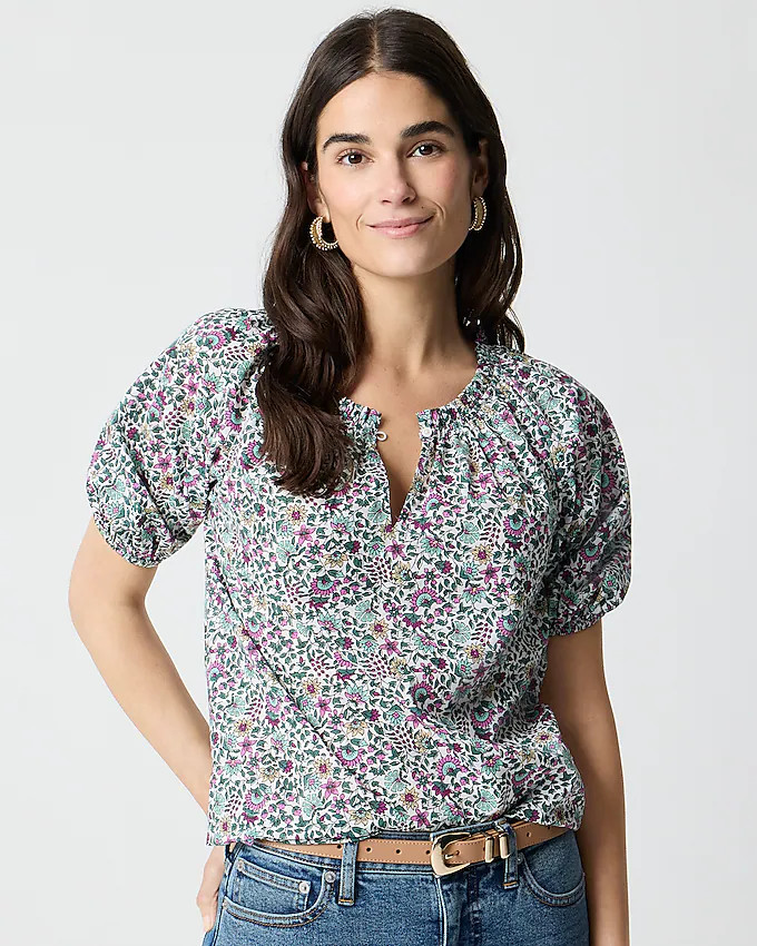 Printed puff-sleeve split-neck top | J.Crew Factory