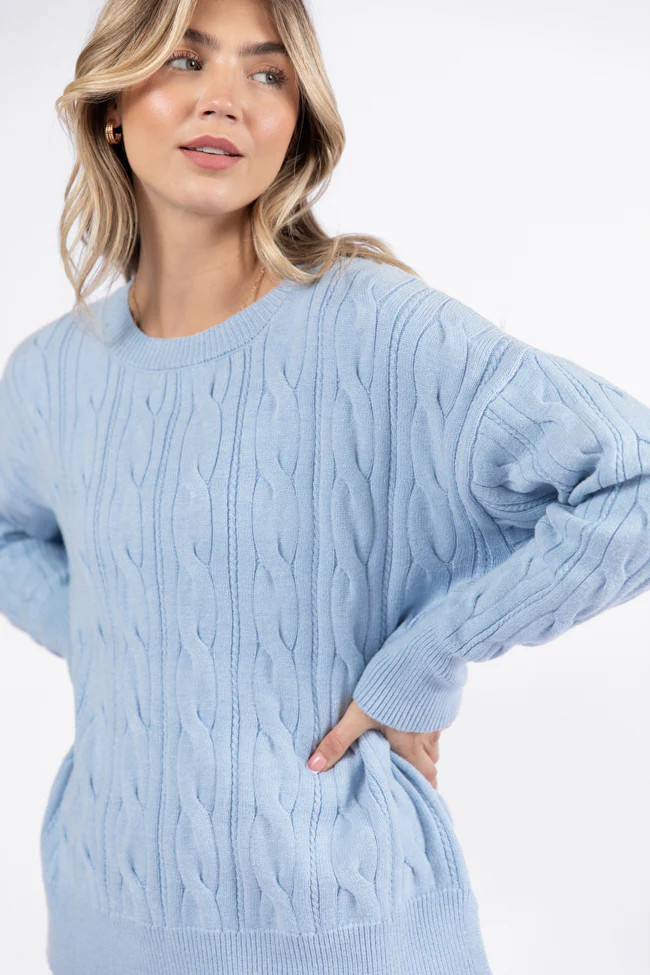 Forever Winter Light Blue Cable Knit Sweater Lounge Top DOORBUSTER | Pink Lily