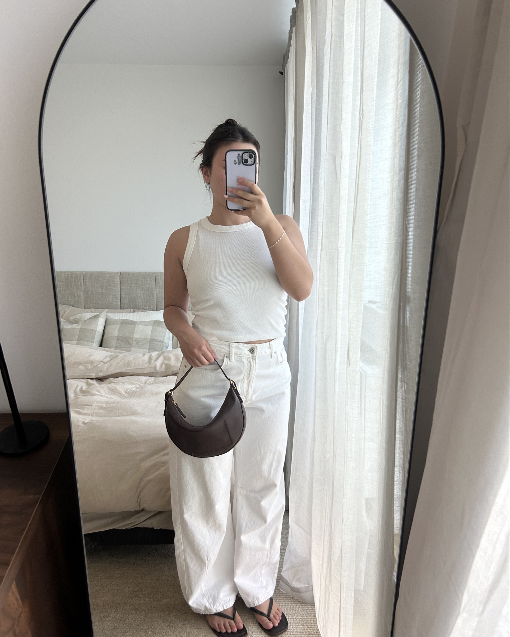 Top: I have this in small and medium, wearing small here (both fit) 
Bottom: from zara so linked similar! 