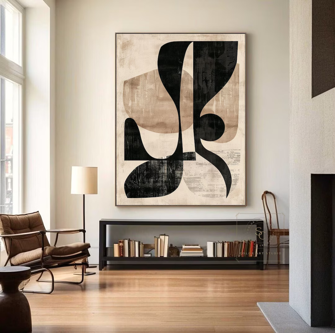 Large Beige Wall Art Original Black Abstract Painting Beige Minimalist Painting Boho Wall Art Bei... | Etsy (US)