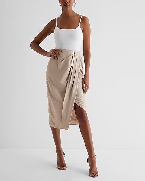 Super High Waisted Linen-Blend Shine Draped Midi Skirt | Express