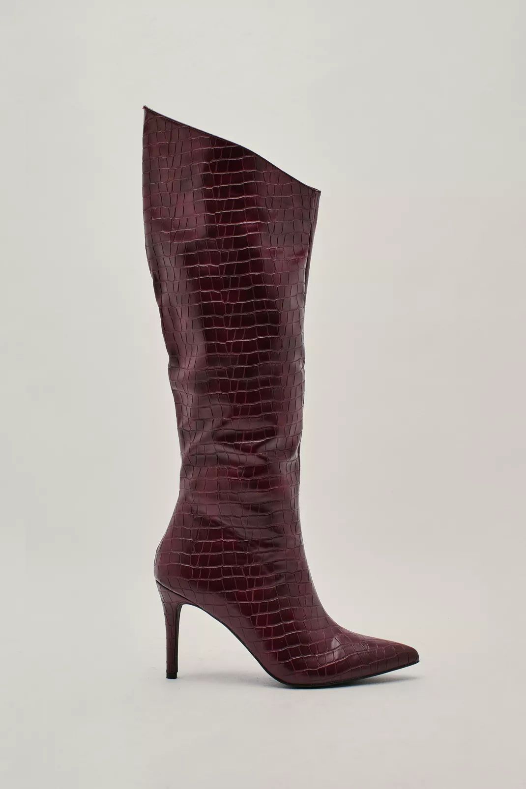 Faux Leather Croc Sloping Knee High Boots | Nasty Gal (US)
