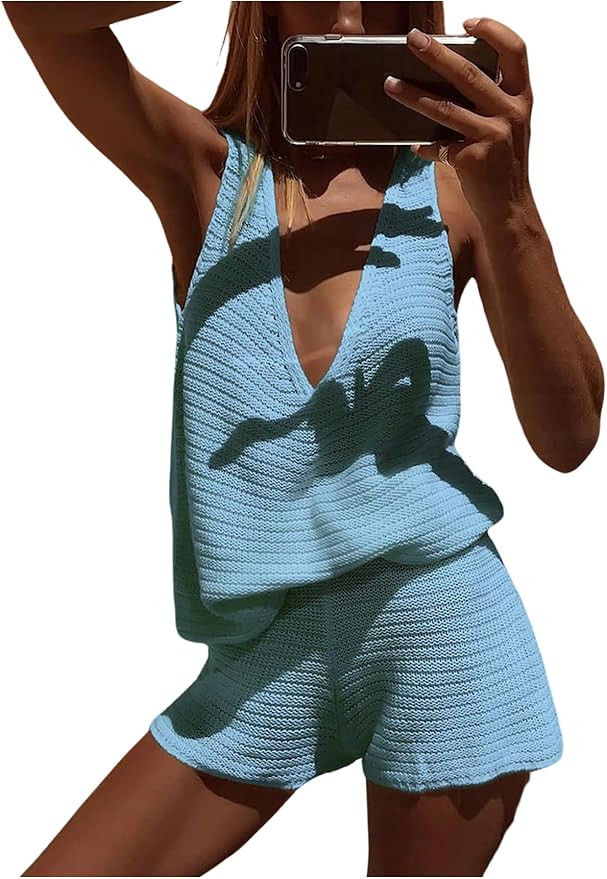 MakeMeChic Women's Summer 2 Piece Sets Deep V Neck Knit Tank Tops Mini Shorts Set Beach Vacation ... | Amazon (US)