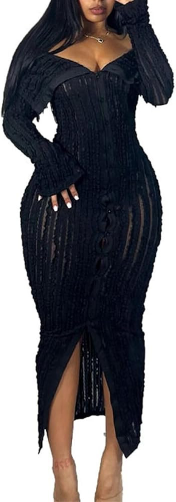Ryehack Sexy Button Down Dress for Women Long Sleeve Off Shoulder See Through Bodycon Maxi Dresse... | Amazon (US)