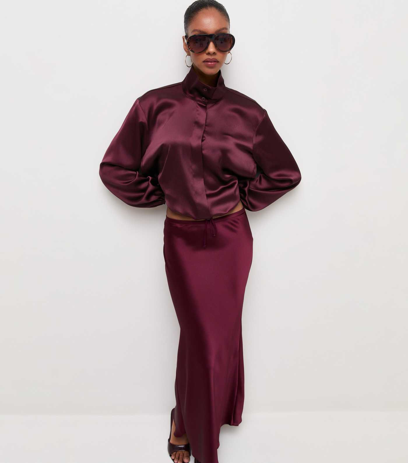 Dark Burgundy Satin Funnel Neck Shirt | New Look | New Look (UK)