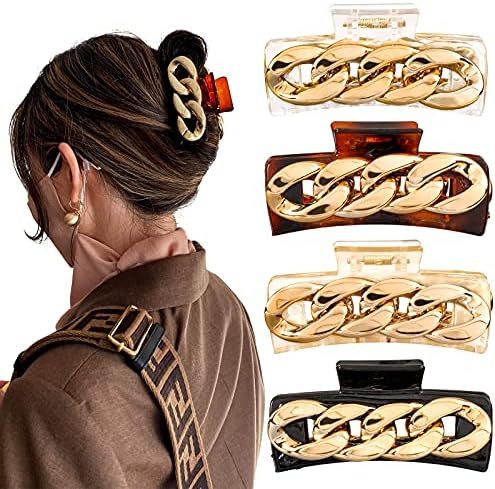 Whaline Hair Claw Clips with Wide Gold Metal Braided Chain Set Transparent Black Amber Champagne Rec | Amazon (US)