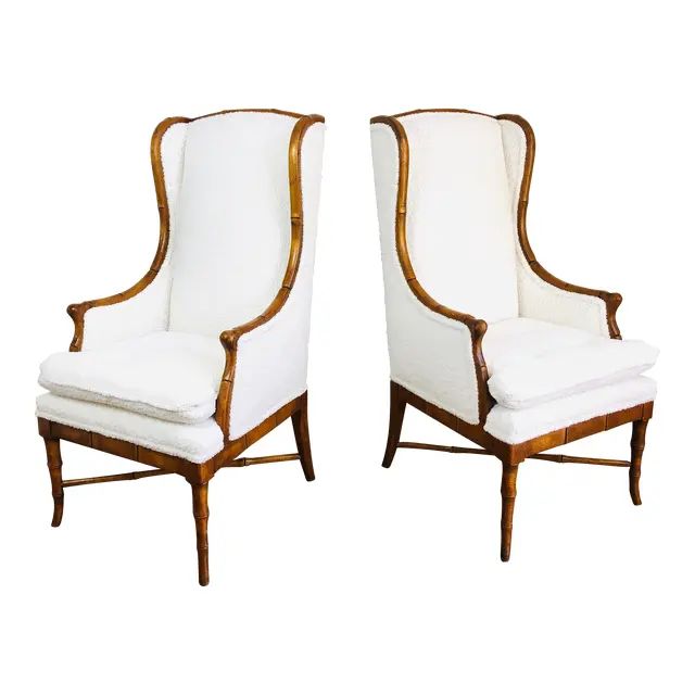 Vintage 1960s Pair Faux Bamboo Chairs Newly Upholstered in White Faux Shearling | Chairish