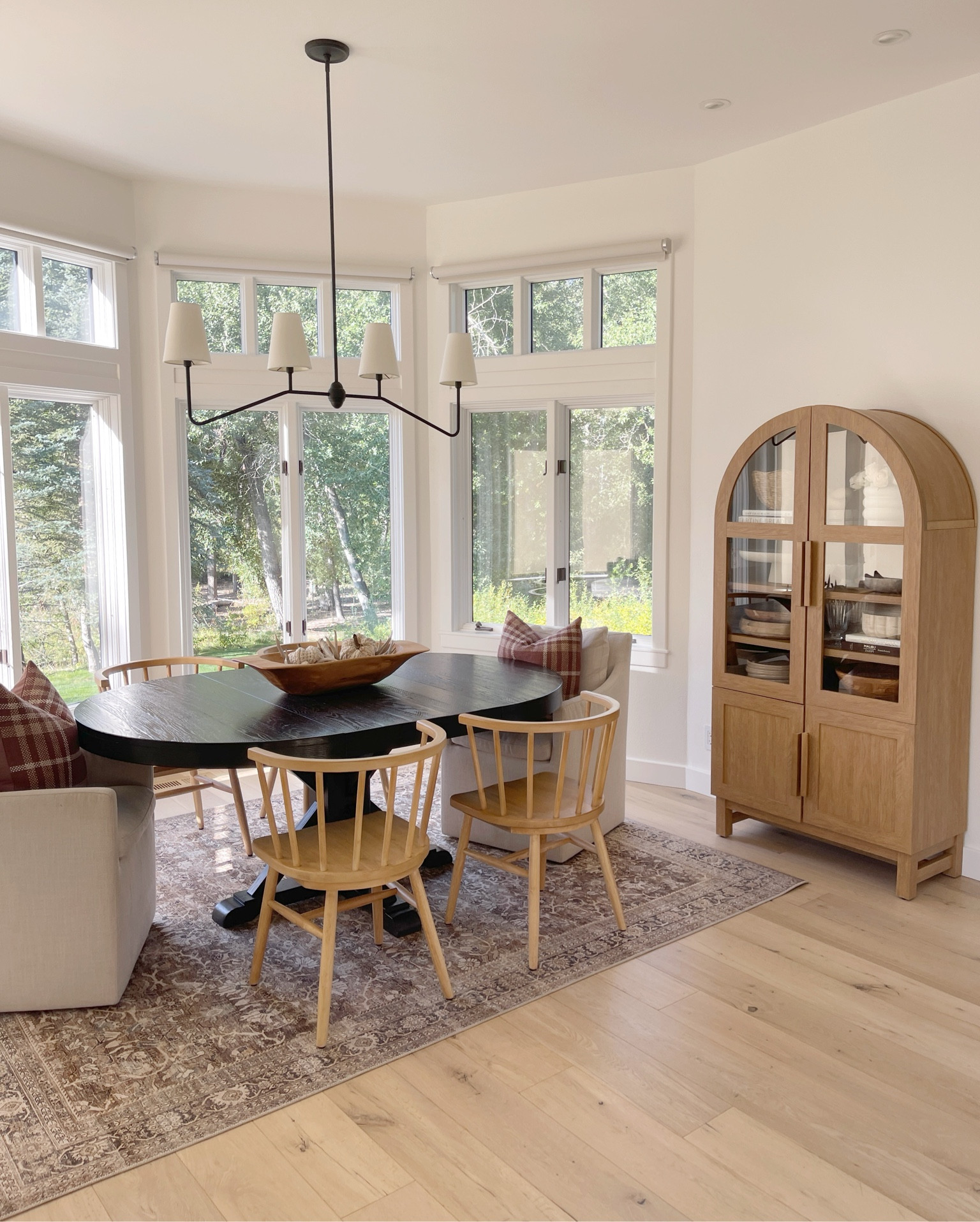 HOME \ dining nook furniture links: circle table that extends to an oval, Target farmhouse chairs, Amazon upholstered chairs, light fixture, rug and Walmart cabinet 🤎

Fall decor 

#LTKFindsUnder100 #LTKHome