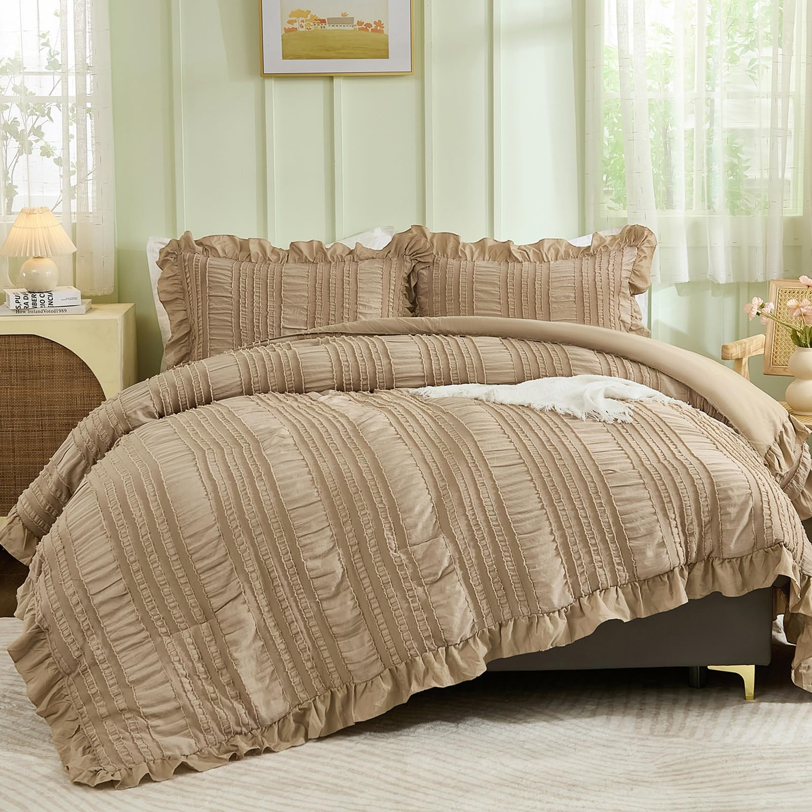 WONGS BEDDING Khaki Comforter Set Queen,3 Pieces Ruffle Farmhouse Shabby Chic Comforter for Queen... | Amazon (US)